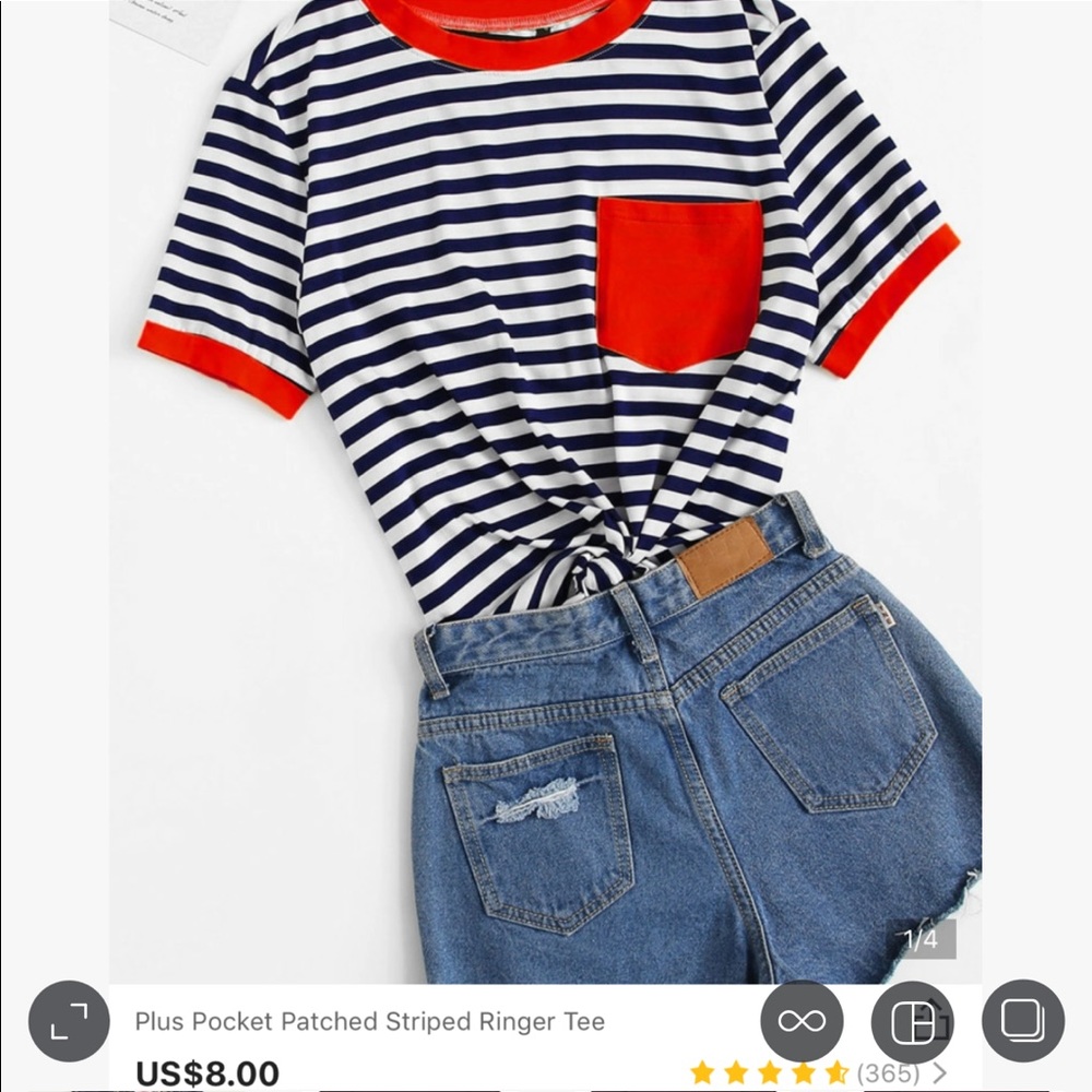 Plus Size Striped Blue & White Tee w/ Red Pocket